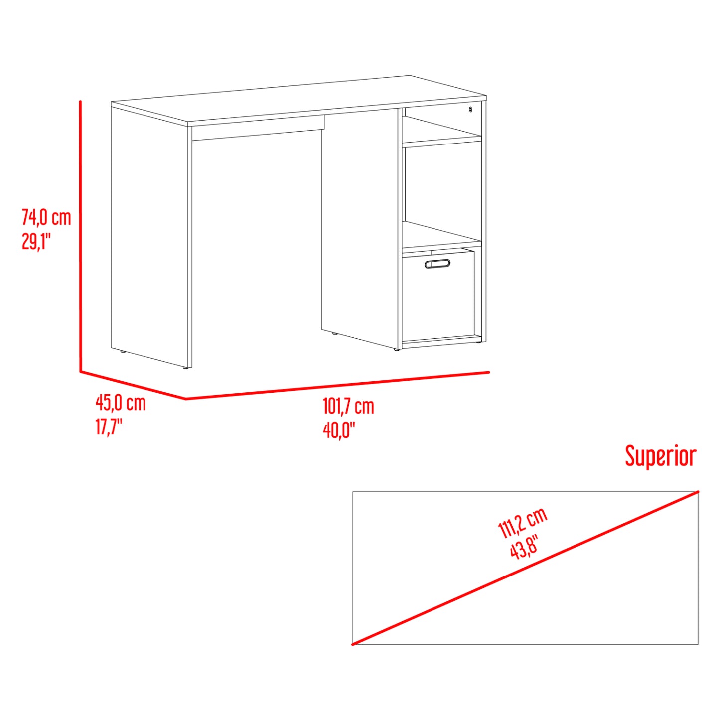 escritorio blanco lateral con estante y cajón, oficina moderna