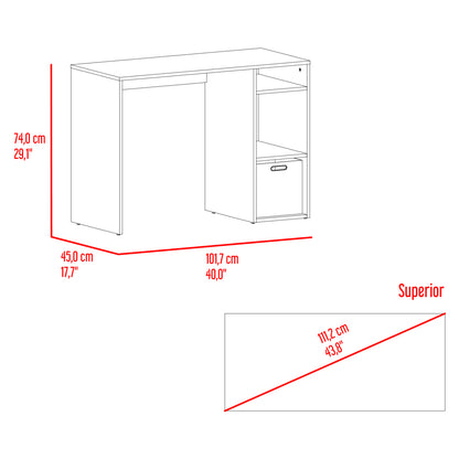escritorio blanco lateral con estante y cajón, oficina moderna