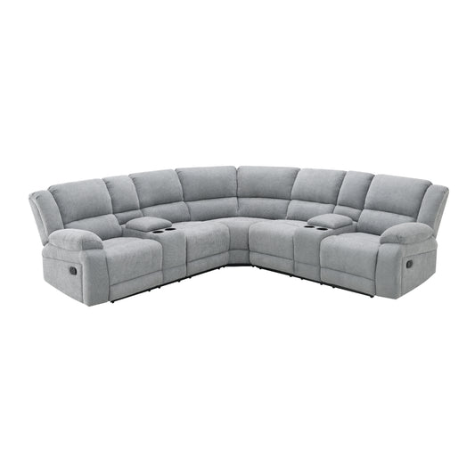 Seccional Reclinable Acme Furniture LV06840 - Sofá Modular 3 Piezas con Consola, Portavasos y Chenille Gris