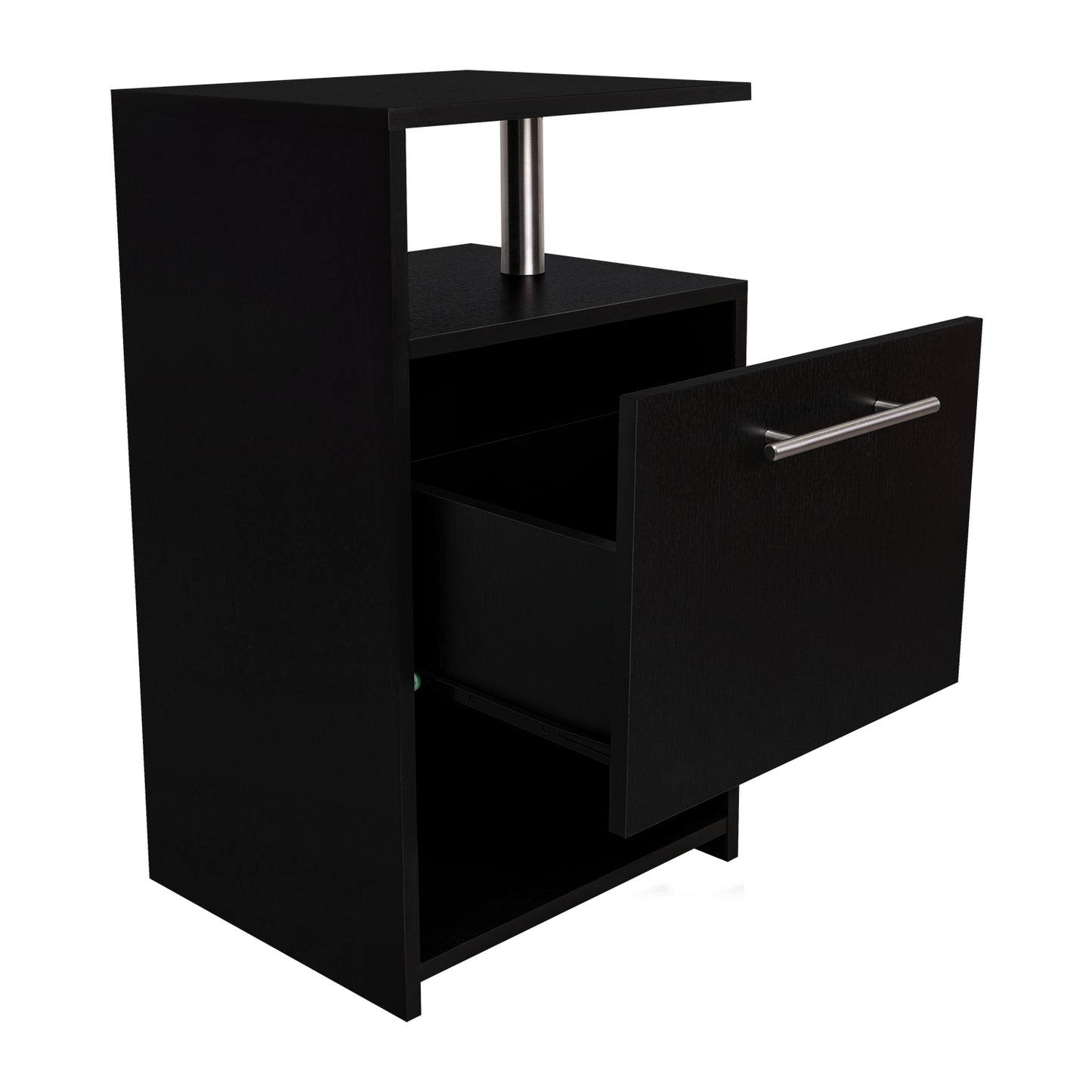 mesa negra con un cajón, vista frontal en interior moderno