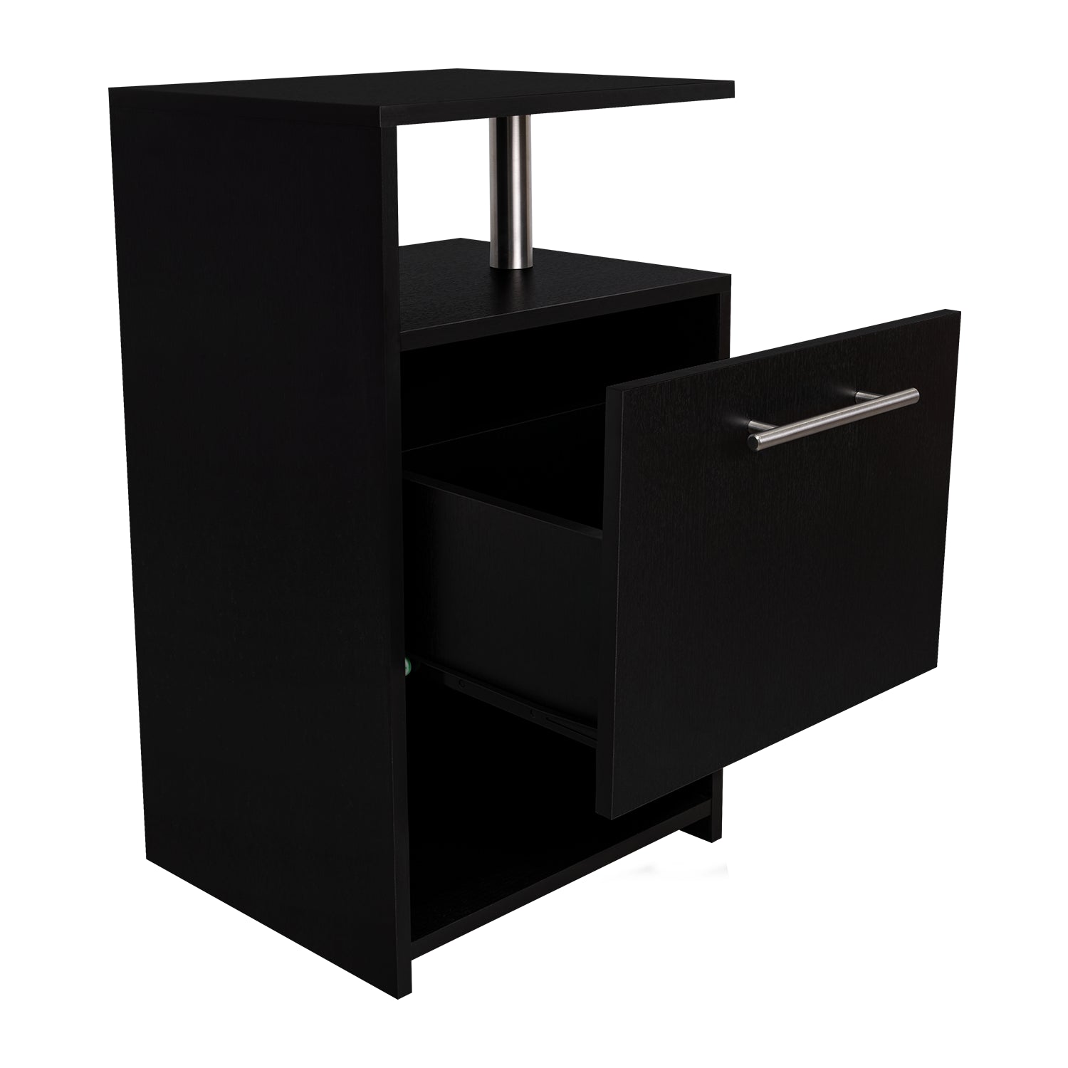 mesa negra con un cajón, vista frontal en interior moderno
