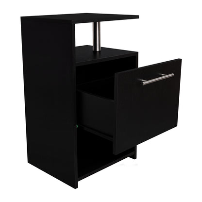 mesa negra con un cajón, vista frontal en interior moderno
