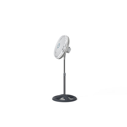ventilador blanco de pie, vista lateral, ideal para interiores