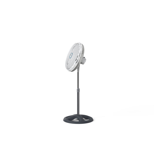 ventilador blanco de pie, vista lateral, ideal para interiores