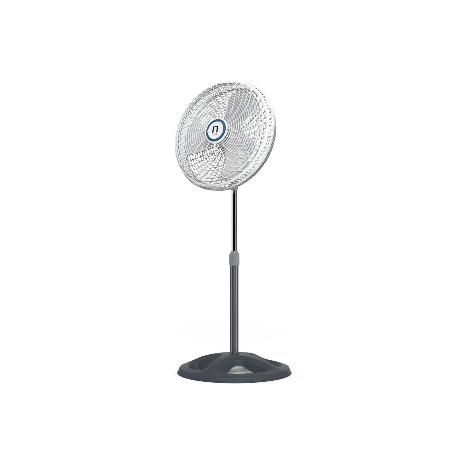 Ventilador negro de pie, vista lateral en ambiente interior