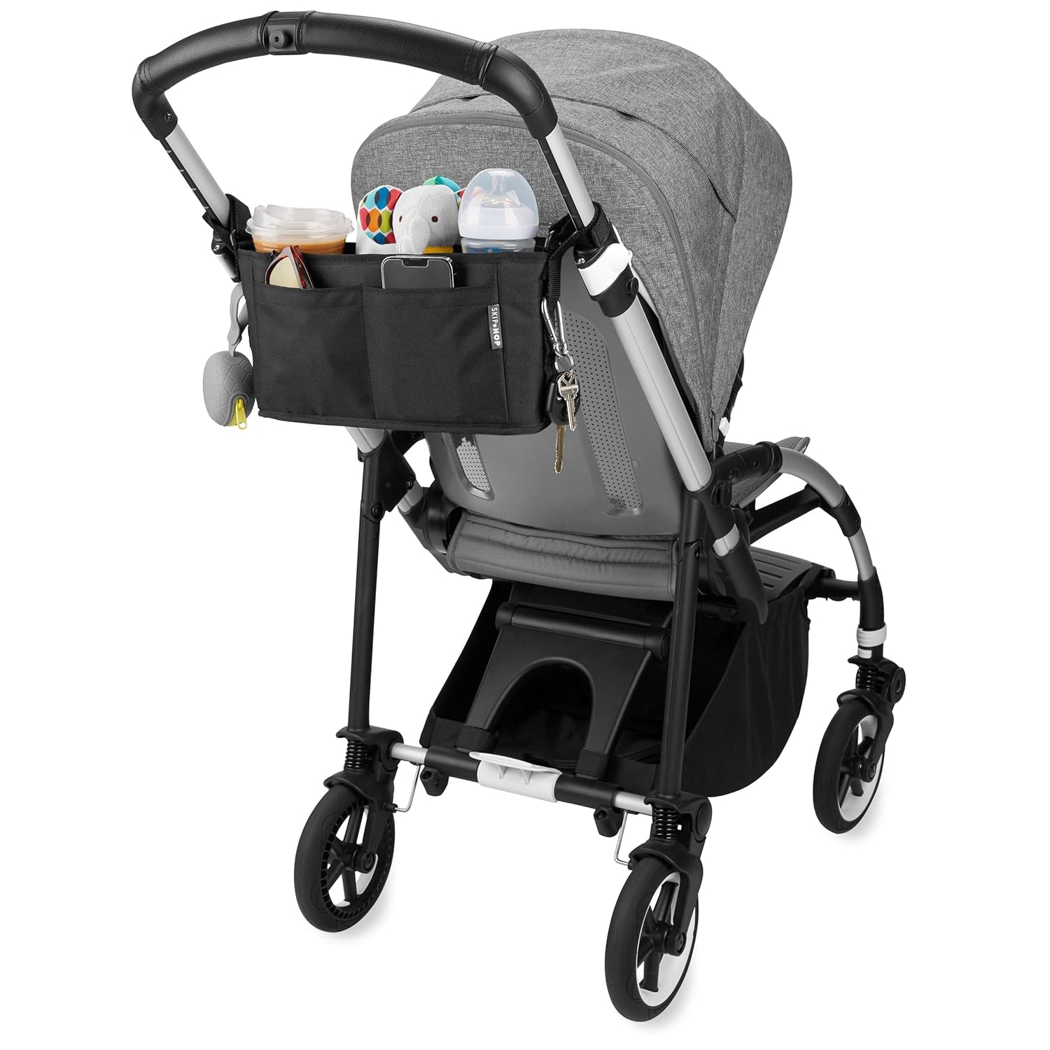 Accesorios para coche, organizador negro trasero en cochecito, con botellas y juguetes.