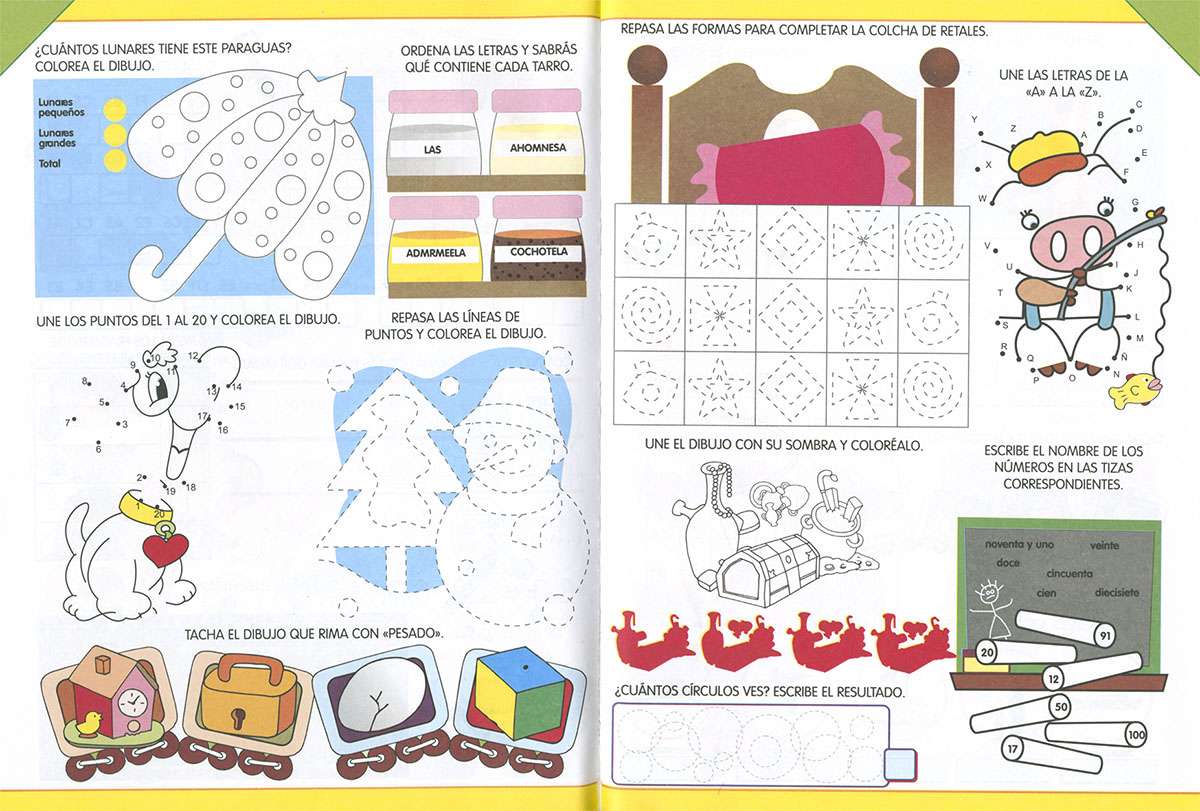 Actividades educativas, hoja con dibujos, instrucciones para colorear y completar.