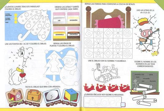 Actividades educativas, hoja con dibujos, instrucciones para colorear y completar.