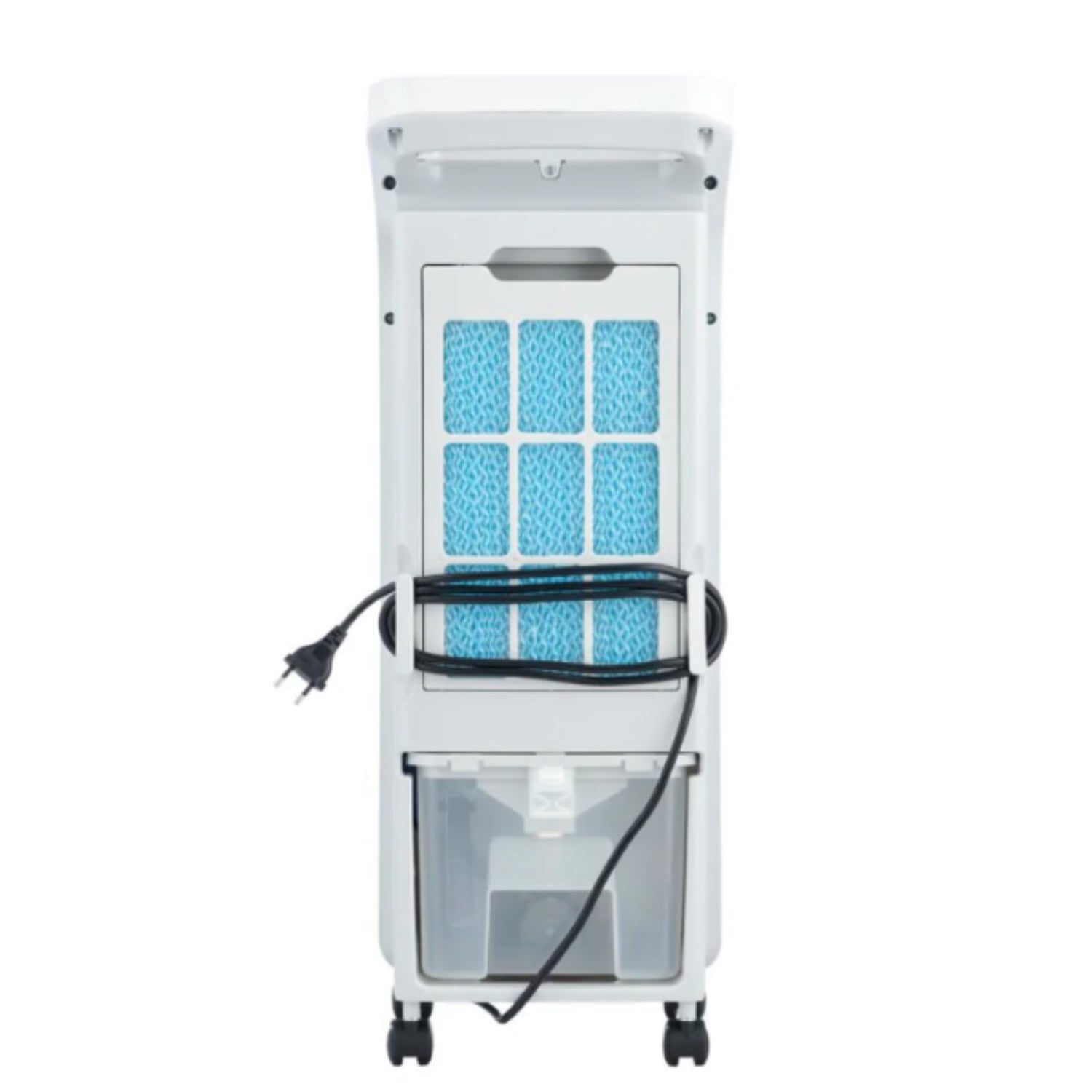 aire acondicionado portátil Midea blanco, vista trasera, filtro de aire azul