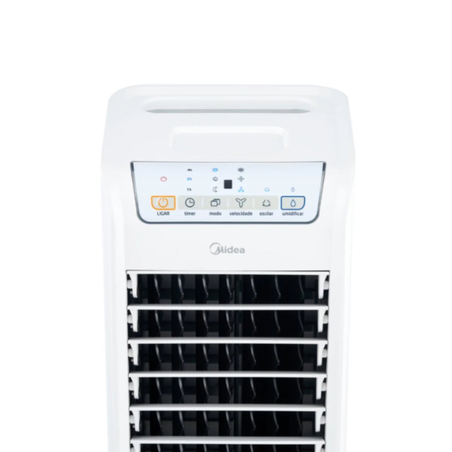 Aire acondicionado portátil MIDEA blanco, vista frontal con panel de control
