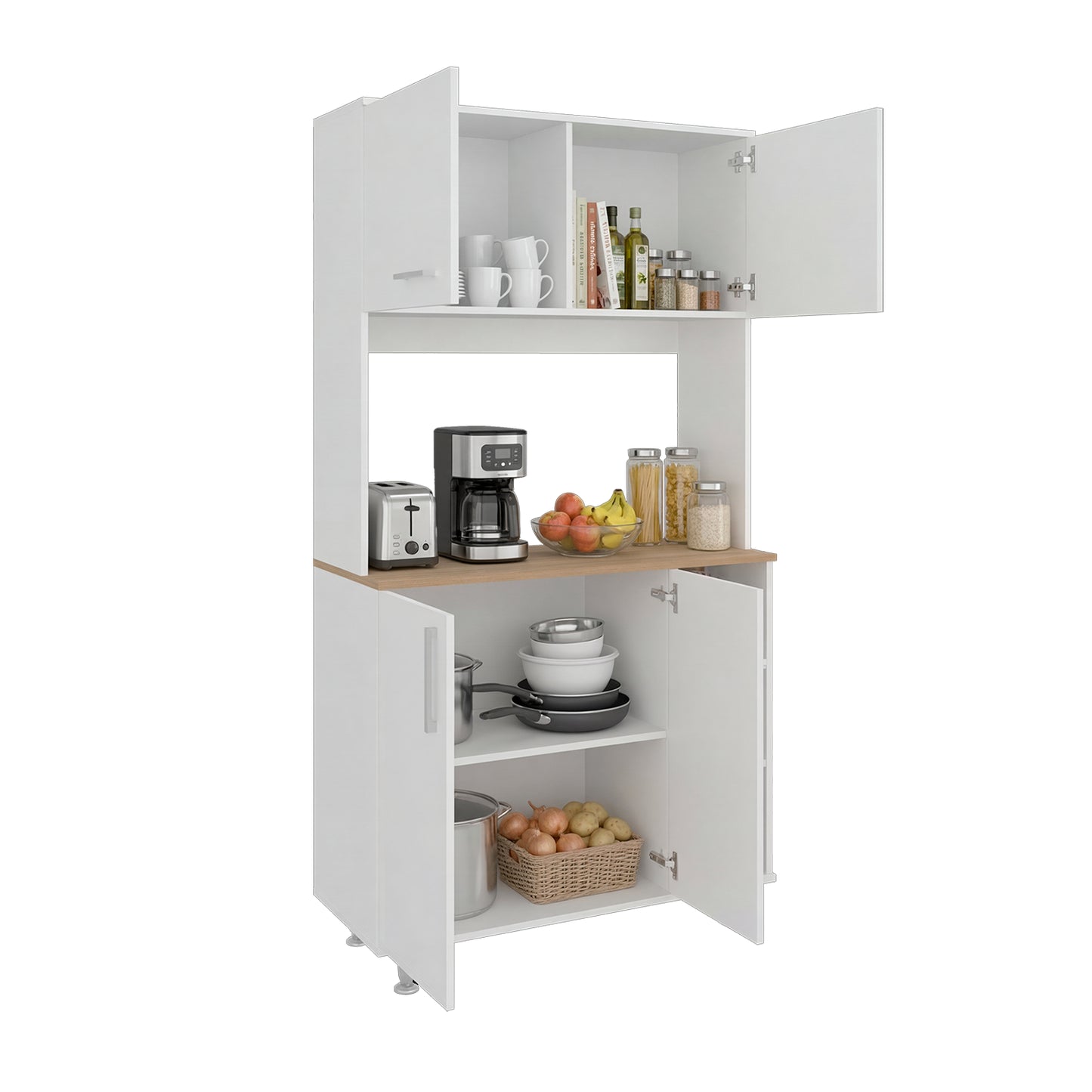 Alacena blanca frontal con estantes y puertas, cocina organizada