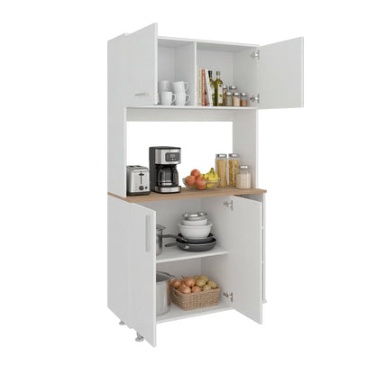 Alacena blanca frontal con estantes y puertas, cocina organizada