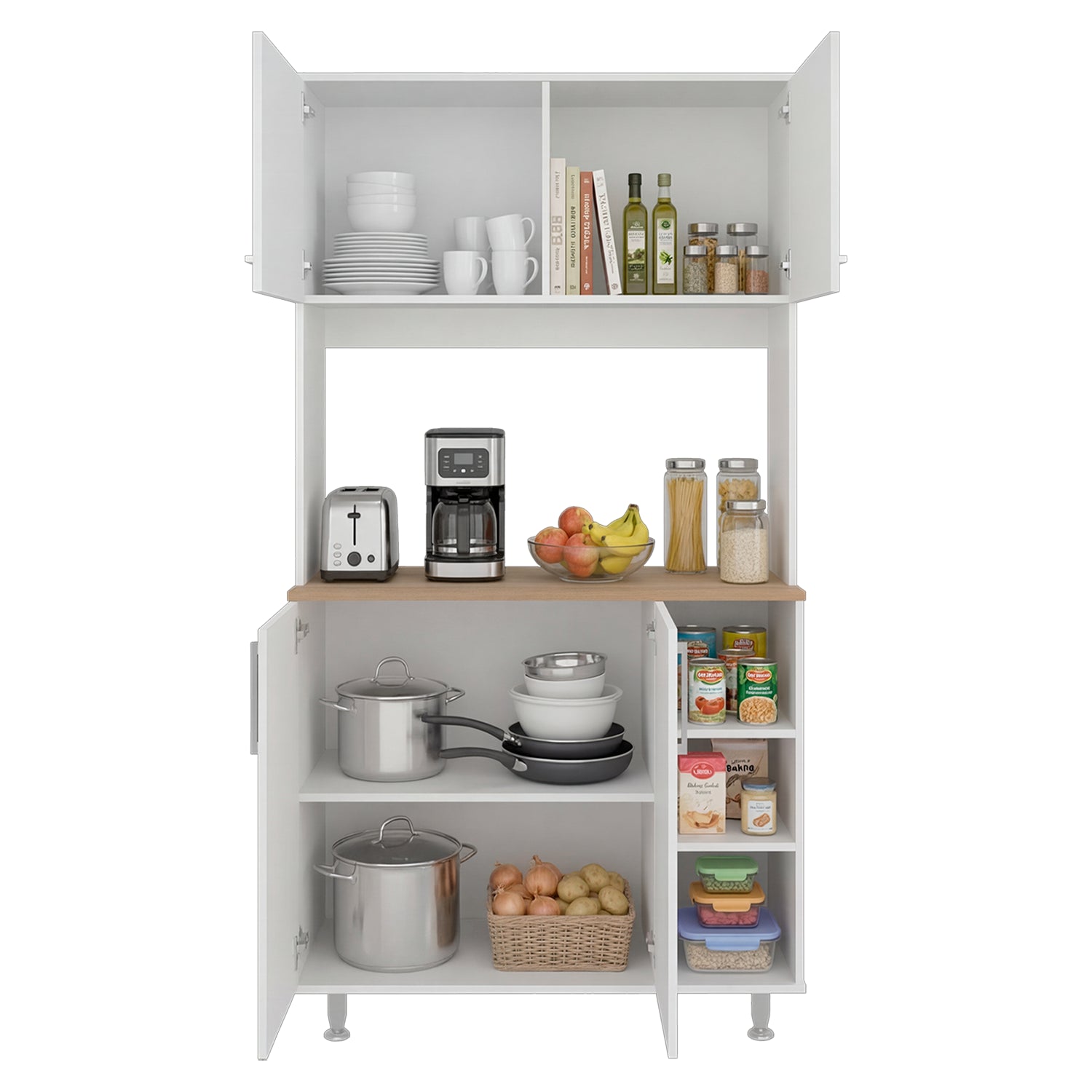 Alacena blanca frontal con estantes, cocina organizada con electrodomésticos