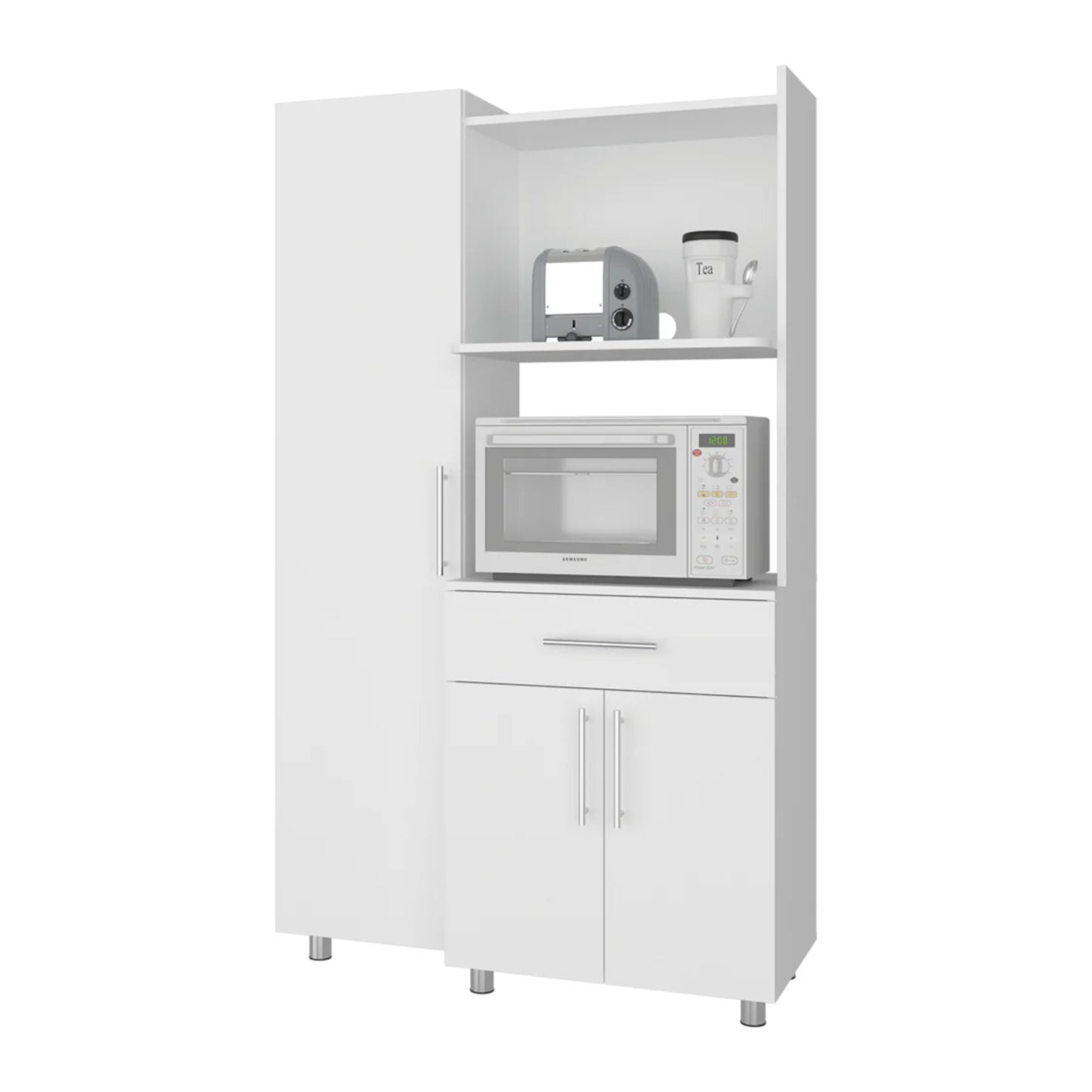 Alacena blanca frontal con espacio para microondas y estantes, ideal para cocina moderna