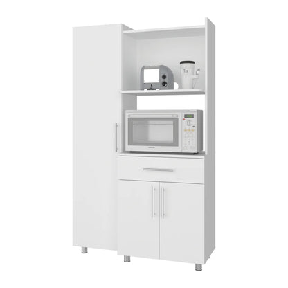 Alacena blanca frontal con espacio para microondas y estantes, ideal para cocina moderna
