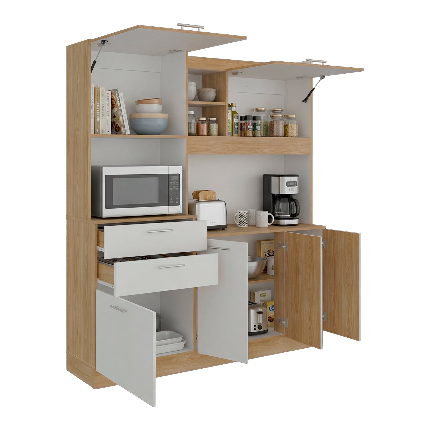 Alacena de madera clara con estantes y gavetas, cocina moderna y funcional