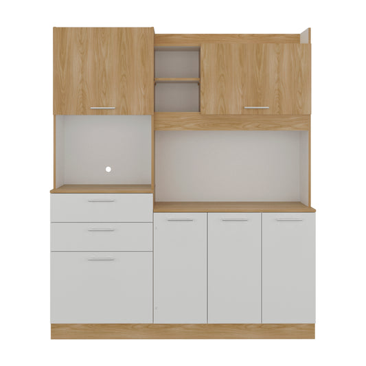 Alacena blanca y madera, frontal con cajones y estante, ideal para cocina