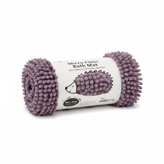 Alfombra de baño morada de microfibra, vista frontal, ideal para la ducha