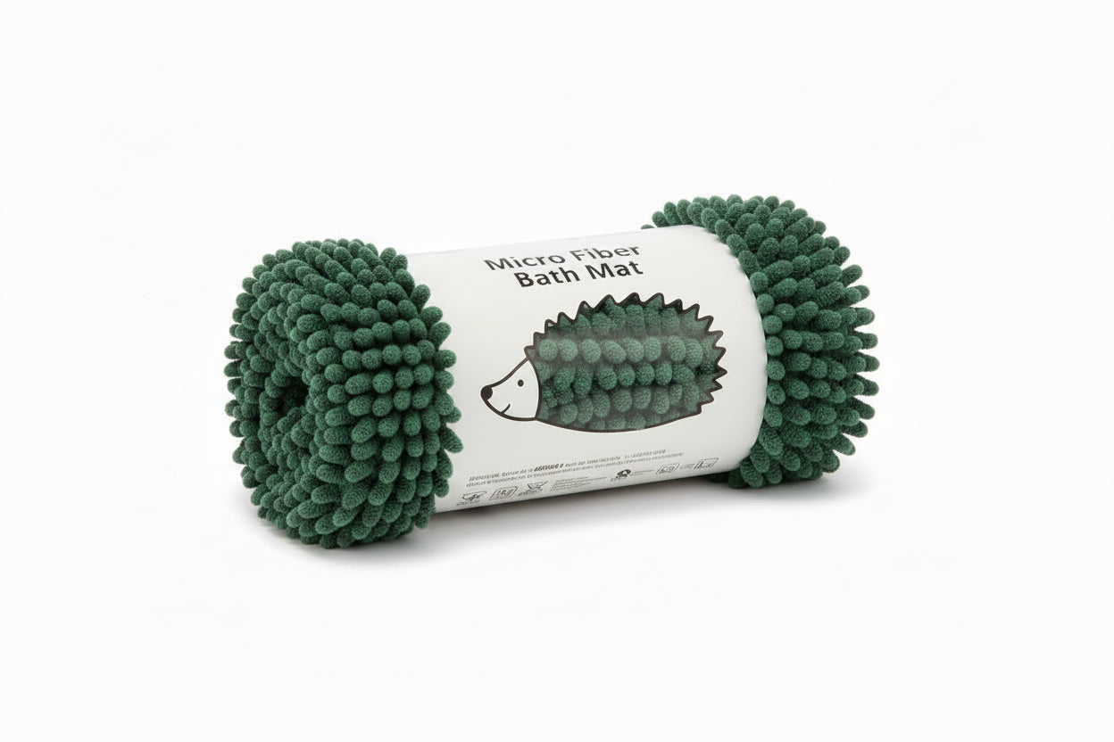 Alfombra verde de microfibra, enrollada, ideal para baño.