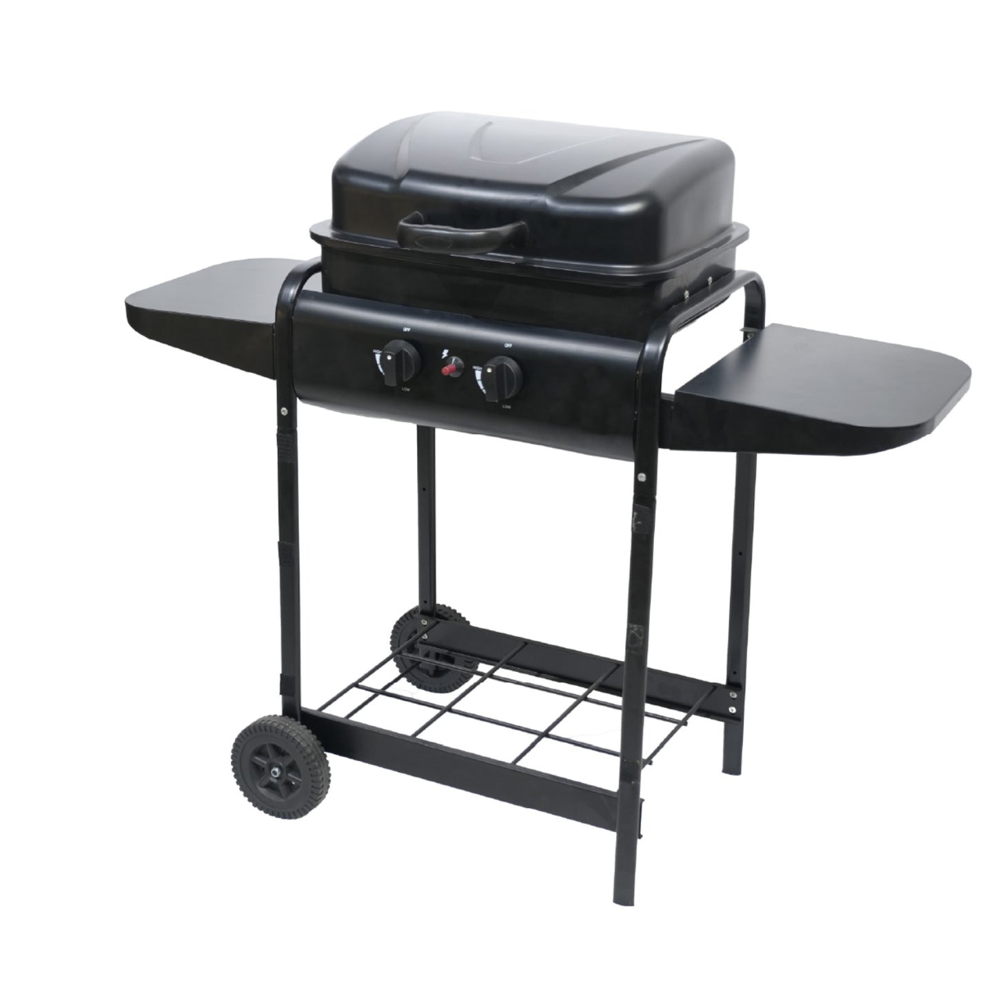 Anafre de gas con dos perillas, negro, vista frontal, ideal para asados al aire libre