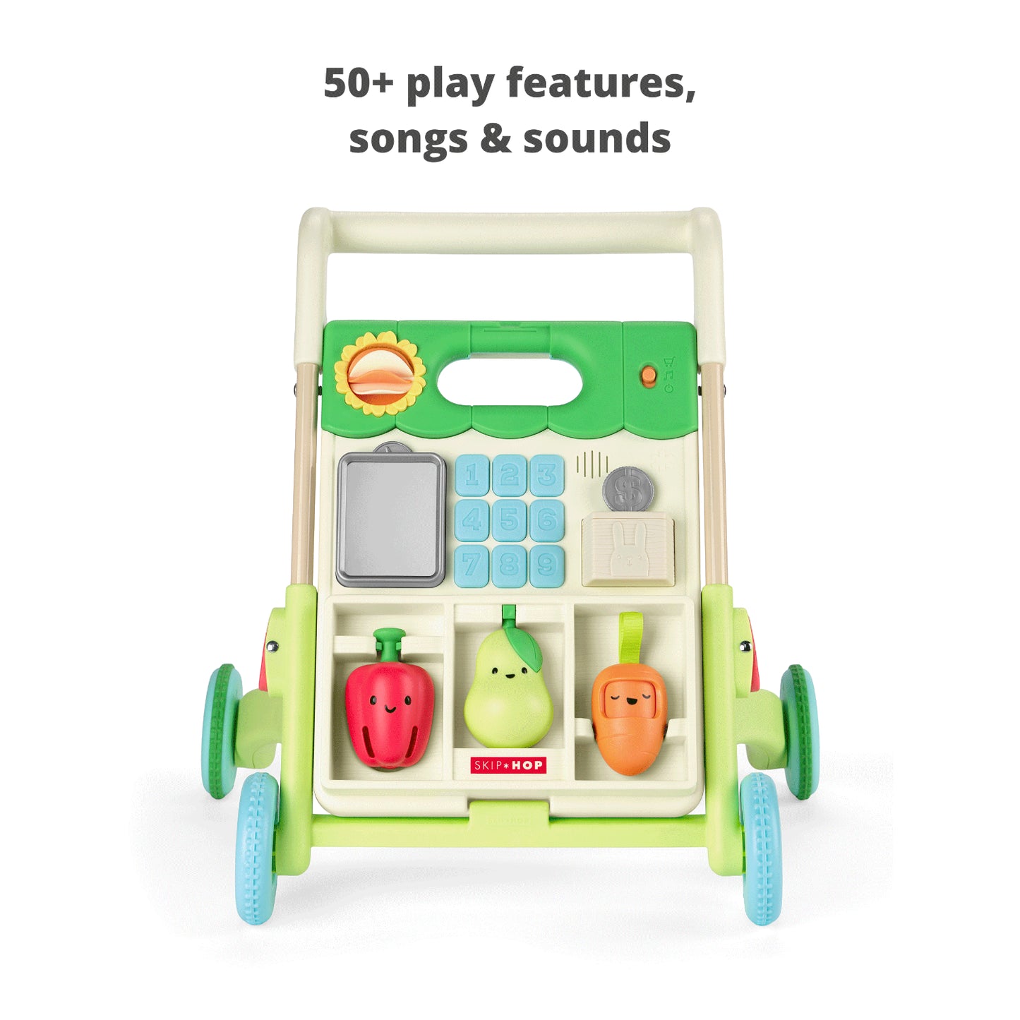 Andador SKIP*HOP verde, vista frontal, con 50 funciones de juego y sonidos