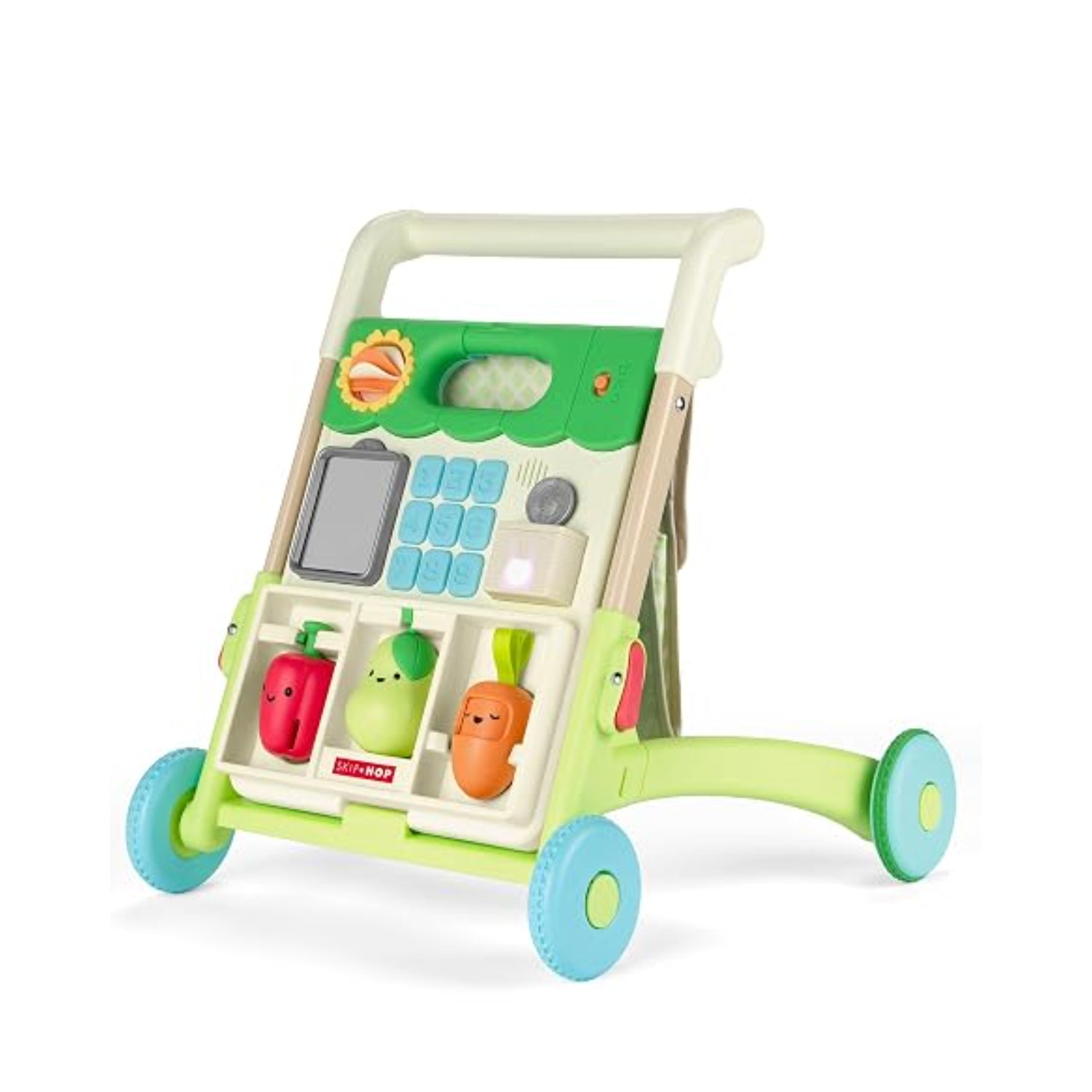 Andador verde SKIP*HOP con juguetes interactivos y ruedas para bebés