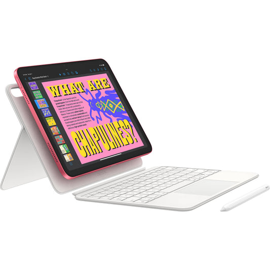iPad Apple 11 pulgadas WiFi Cellular en color rosa con teclado y lápiz, vista lateral