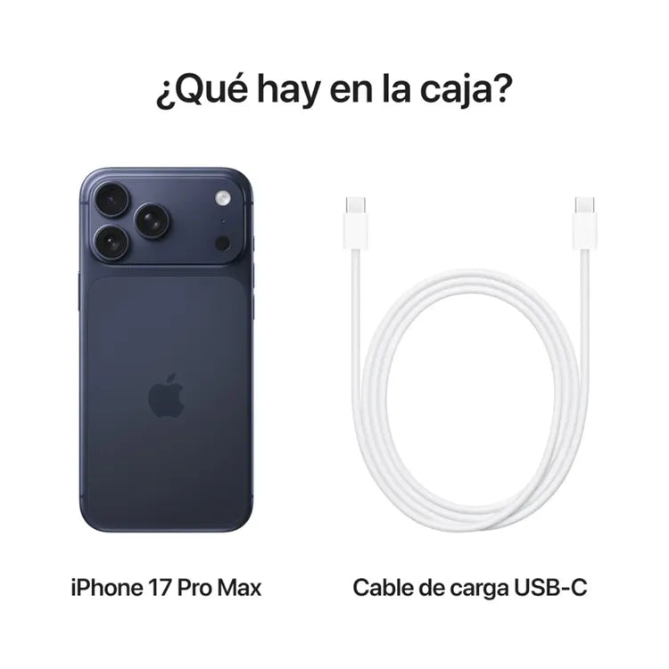 iPhone 17 Pro Max 256GB azul Honduras con cable de carga USB-C en la caja