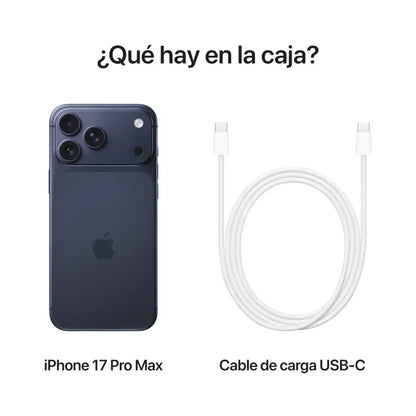 iPhone 17 Pro Max 256GB azul Honduras con cable de carga USB-C en la caja