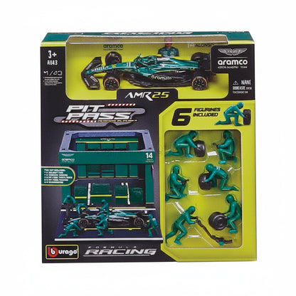 Carro de carreras verde AMR25 con figuras en el garaje de Box, juego de simulación