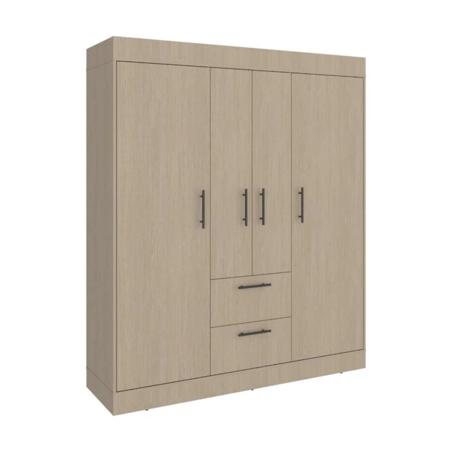 Armario beige frontal con cinco puertas y dos cajones, ideal para almacenamiento en casa