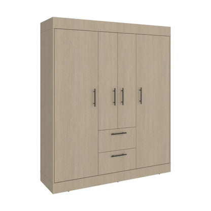 Armario beige frontal con cinco puertas y dos cajones, ideal para almacenamiento en casa