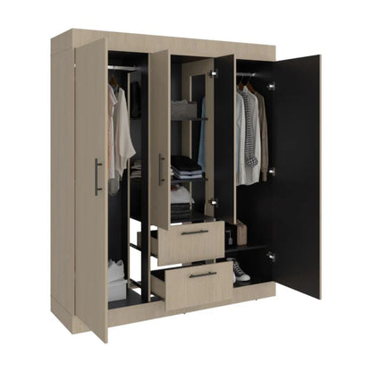 Armario moderno en color beige y negro, vista frontal, puertas abiertas y ropa organizada