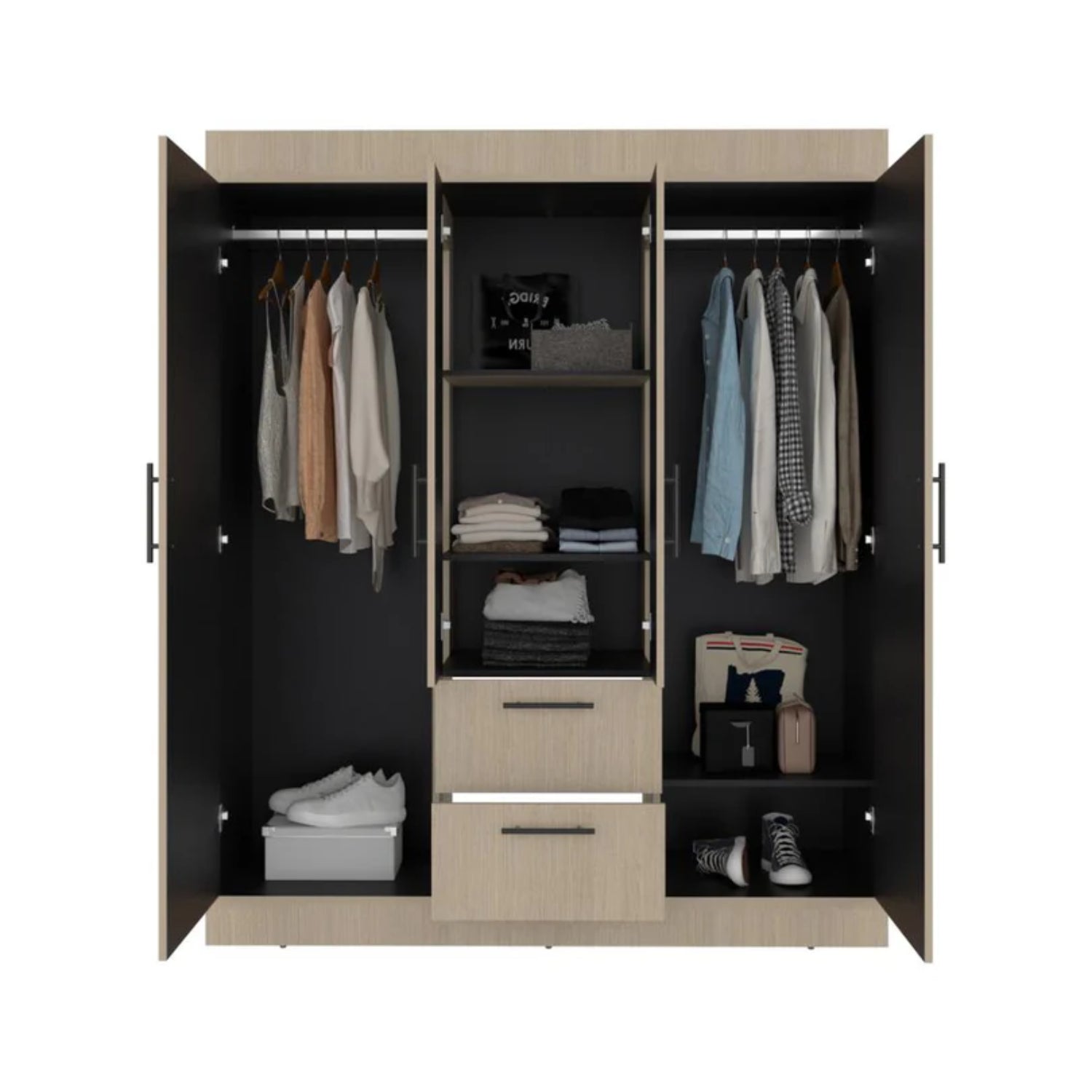 Armario con puertas negras y compartimentos para ropa y zapatos