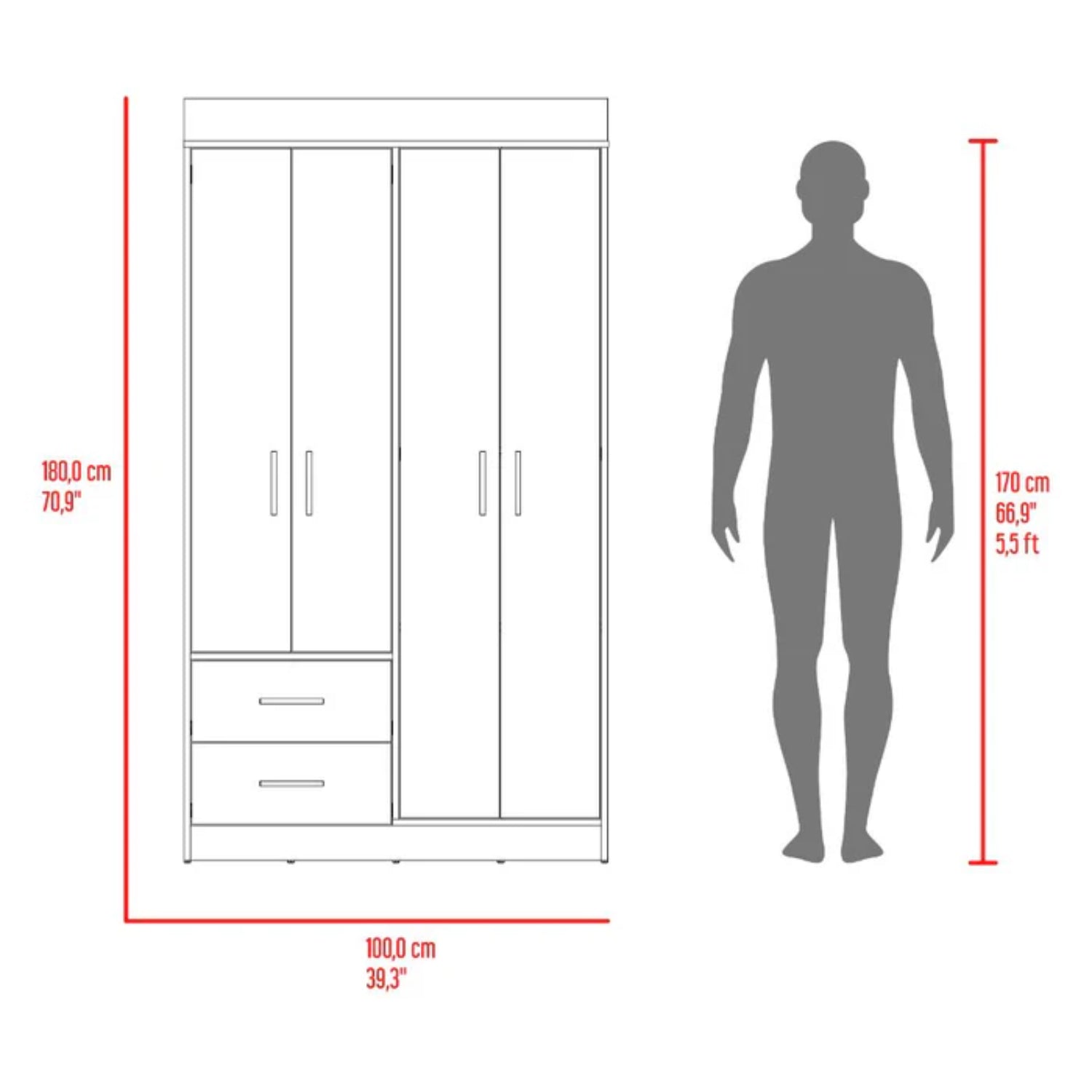Armario blanco con dos puertas y cajones, vista lateral, diseño moderno para almacenamiento.