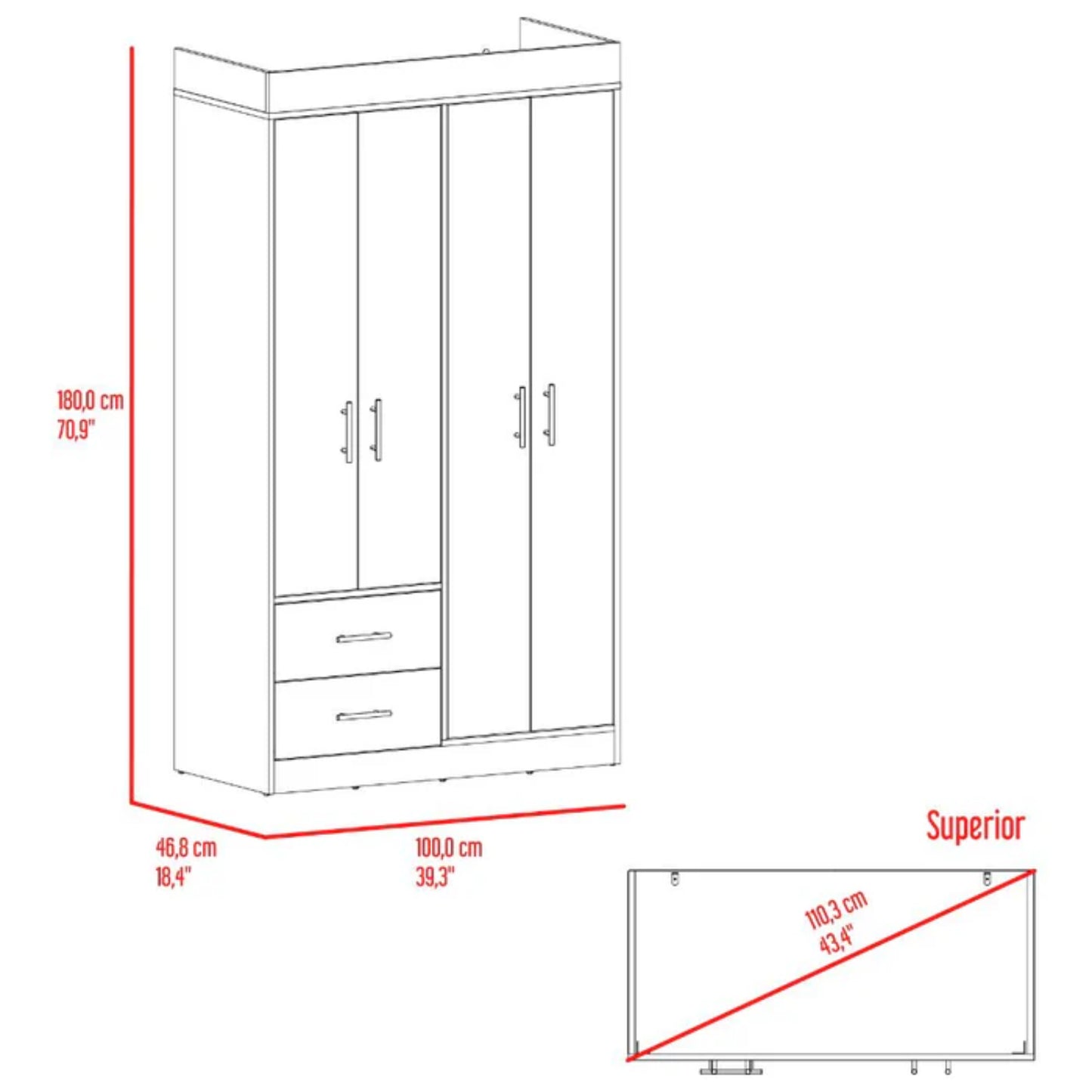 armario blanco de dos puertas, vista frontal, diseño moderno y funcional