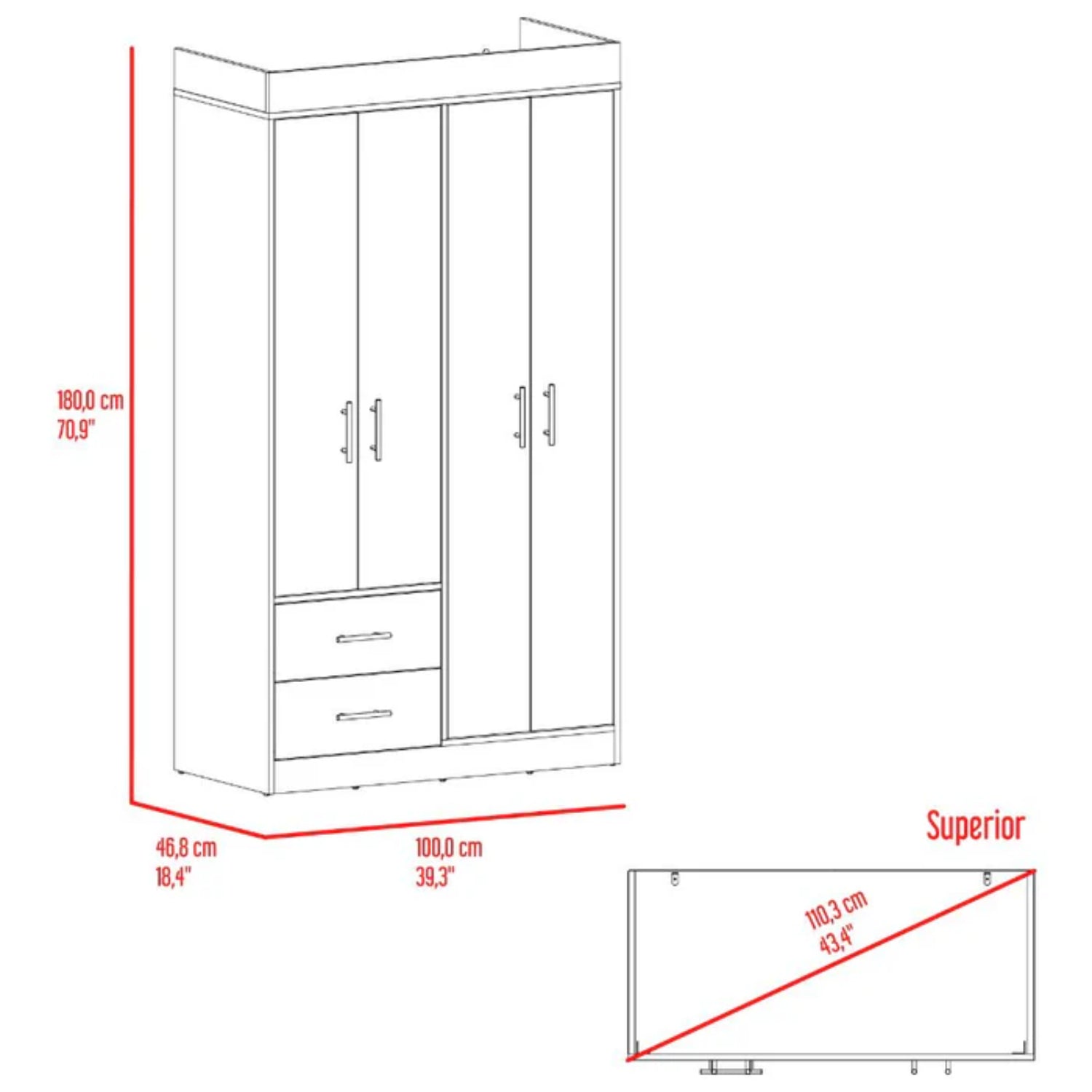 armario blanco de dos puertas, vista frontal, diseño moderno y funcional