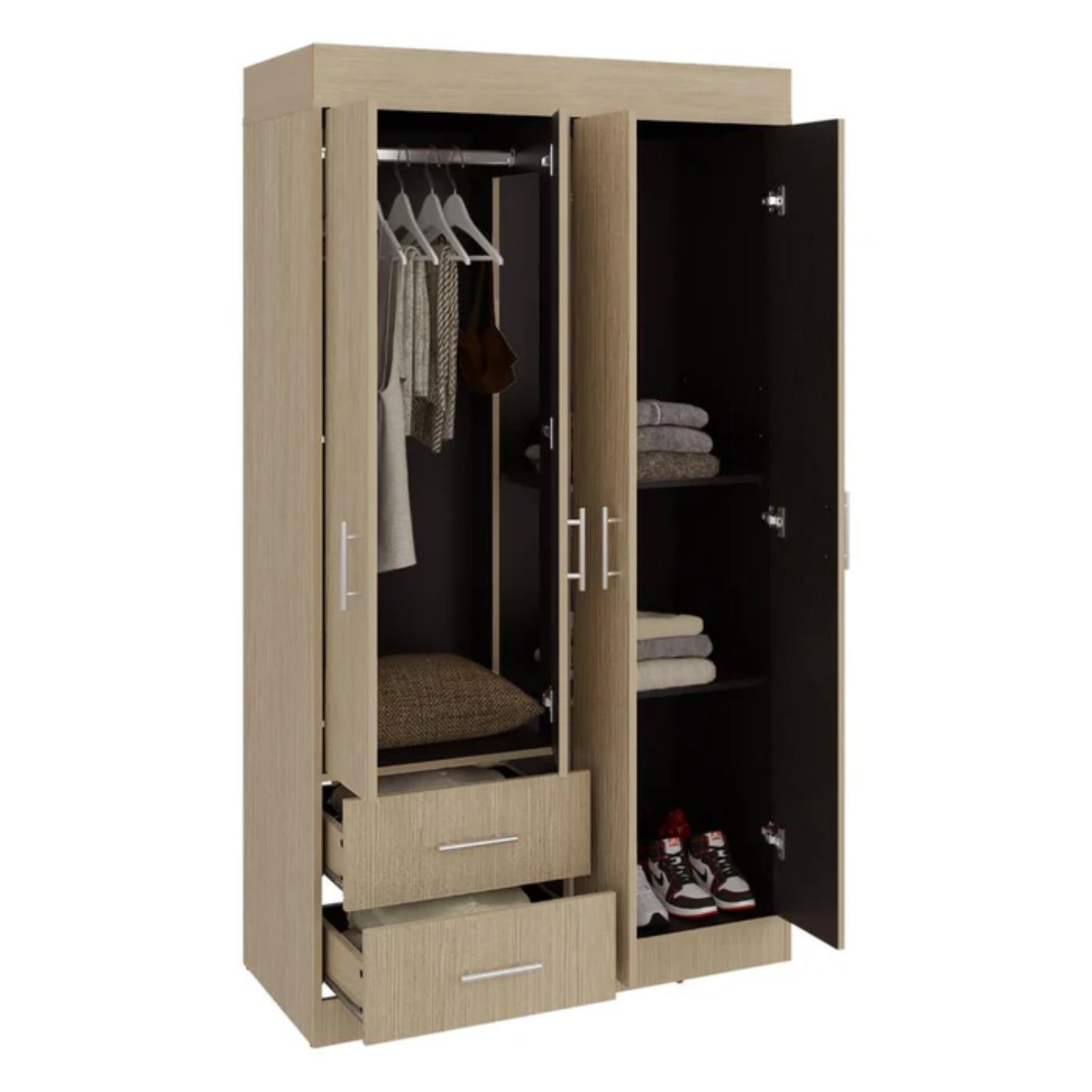 Armario beige de dos puertas, interior con estantes y cajones