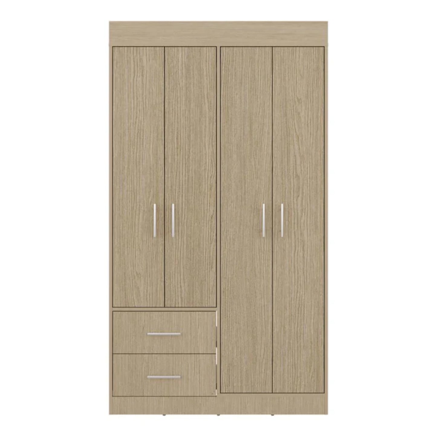 armario beige frontal con dos puertas y tres cajones, ideal para almacenamiento