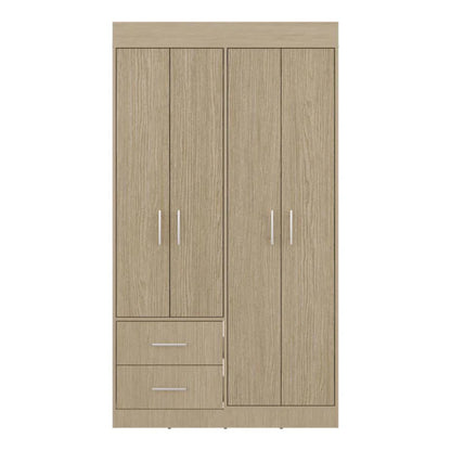 armario beige frontal con dos puertas y tres cajones, ideal para almacenamiento