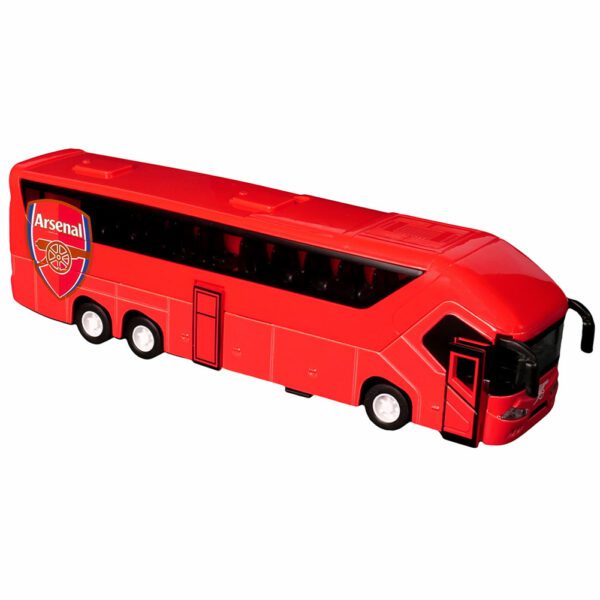 Autobús de juguete rojo Arsenal, vista lateral, ideal para fanáticos del fútbol