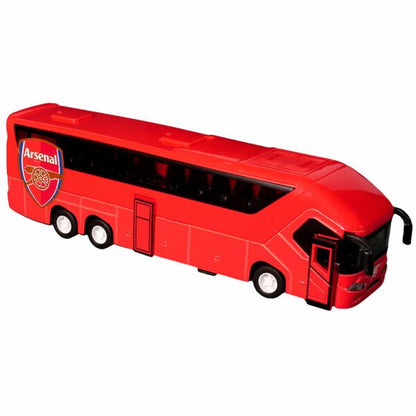 Autobús de juguete rojo Arsenal, vista lateral, ideal para fanáticos del fútbol
