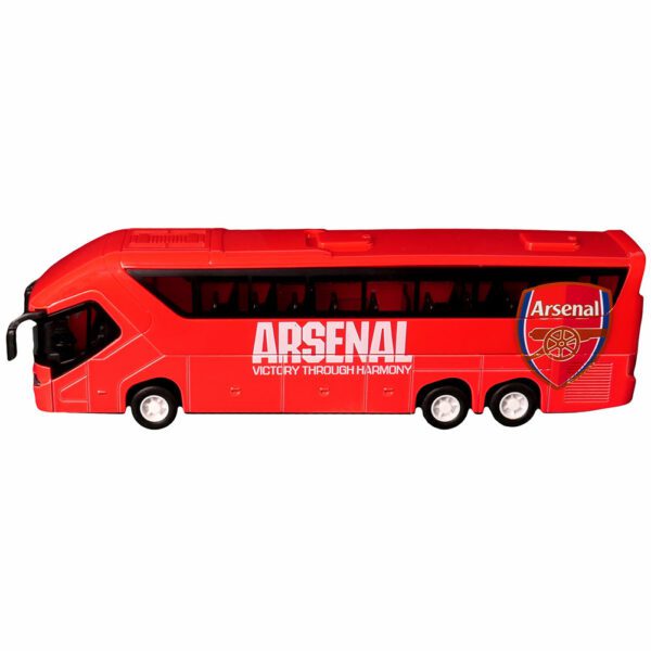 Autobús rojo Arsenal con logo, vista lateral, juguete coleccionable