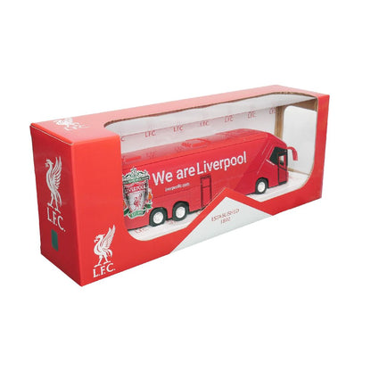 autobús de juguete rojo Liverpool, vista frontal en su caja