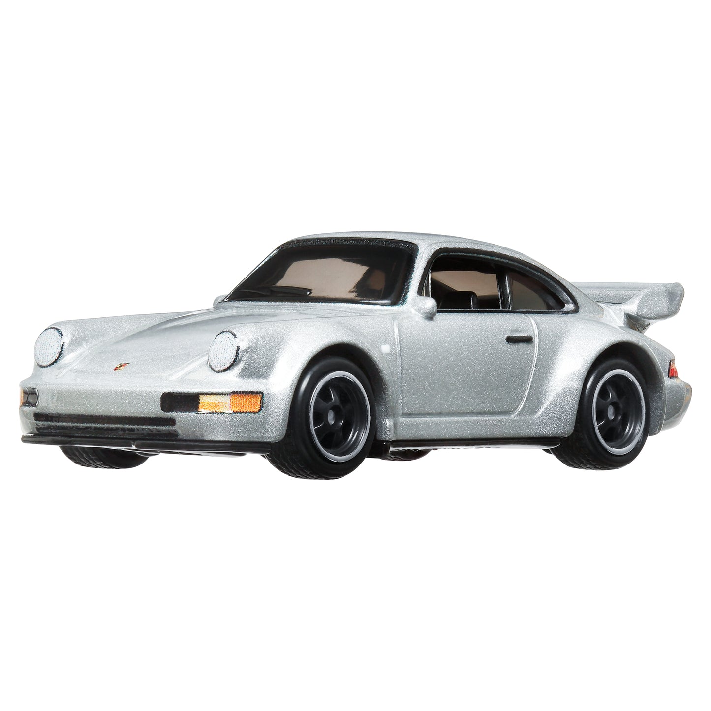Hot Wheels coche Porsche plata, vista lateral, colección de vehículos miniatura
