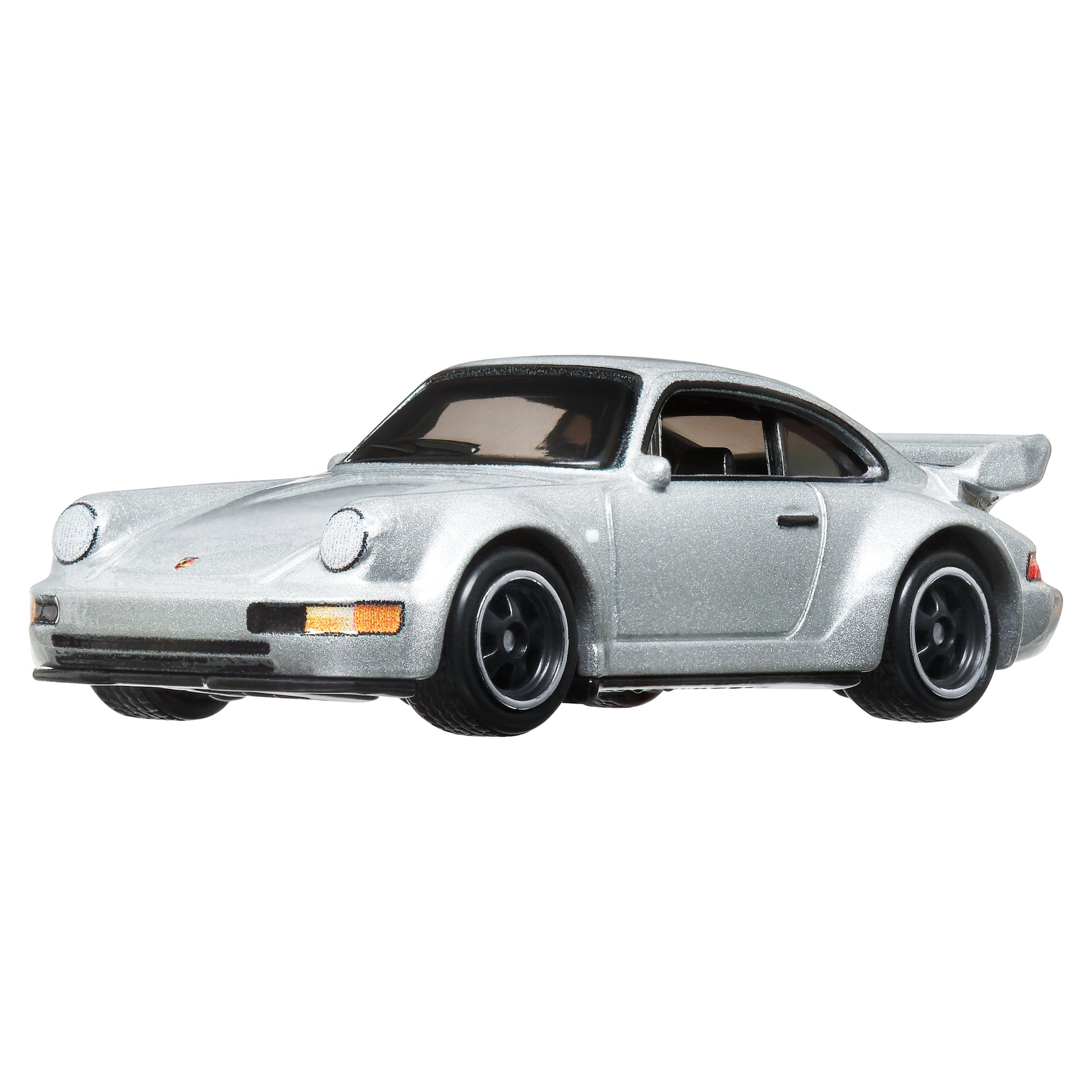 Hot Wheels coche Porsche plata, vista lateral, colección de vehículos miniatura