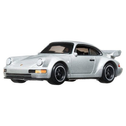 Hot Wheels coche Porsche plata, vista lateral, colección de vehículos miniatura