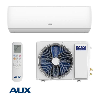 Aire acondicionado AUX blanco, unidad interior y exterior, control remoto incluido.