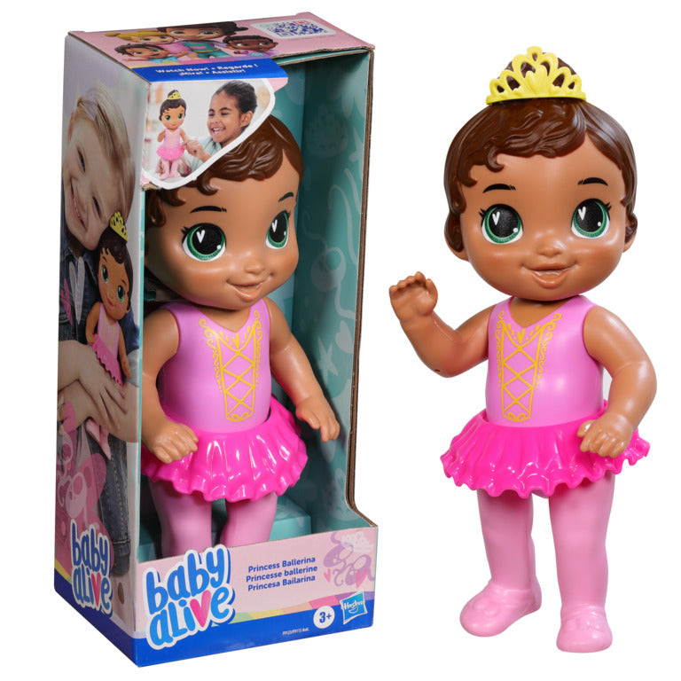 Muñeca Baby Alive princesa bailarina con vestido rosa y diadema, vista frontal.