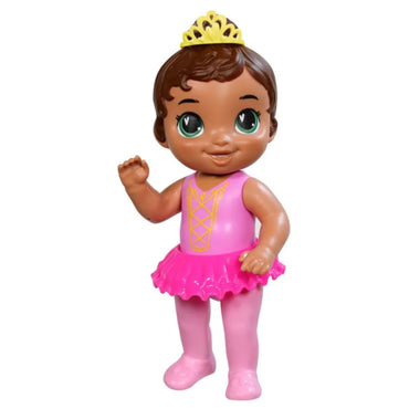 Muñeca bailarina con vestido rosa y tiara amarilla, vista frontal